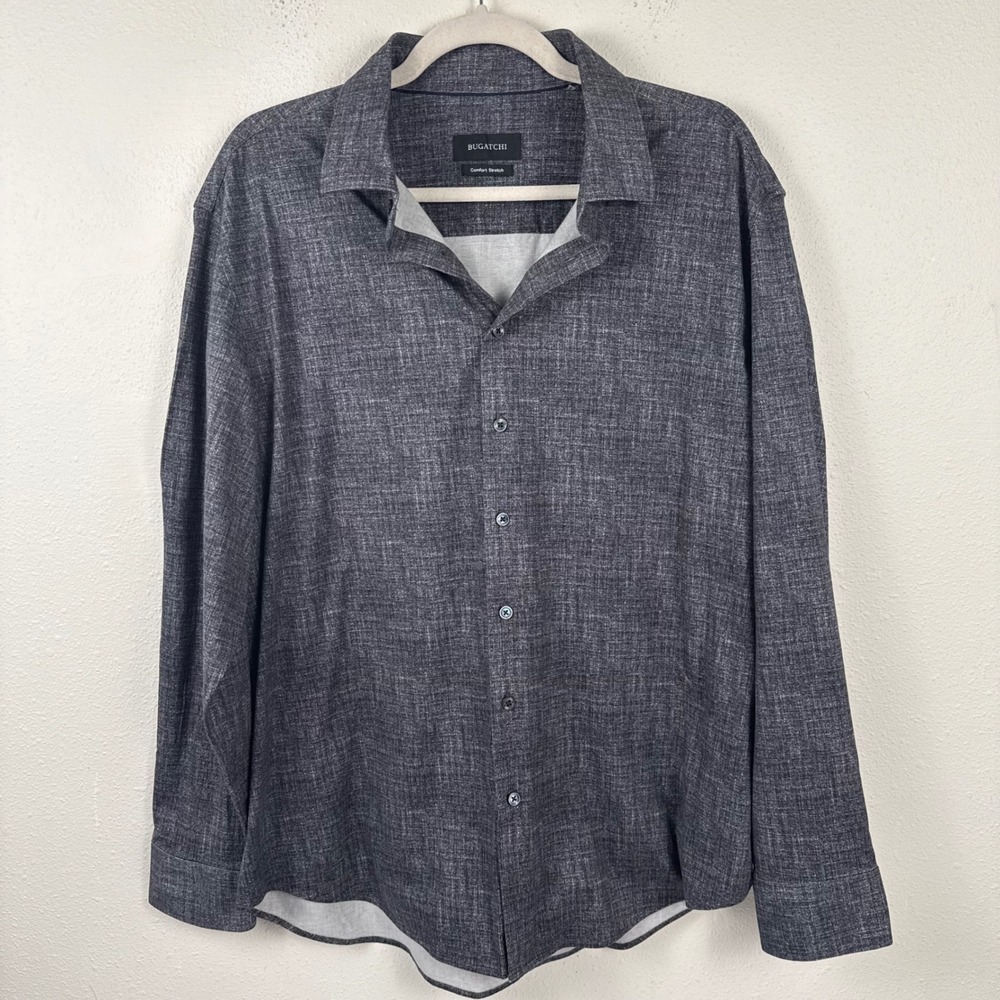 Bugatchi Mens XL Comfort Stretch Button Down Shirt Charcoal Gray Textured Long